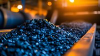 Raw coal on industrial conveyor belt illuminated by warm evening lights, mining industry production line showing dark mineral texture and granular detail.