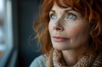 Thoughtful redhead woman with bright blue eyes gazing through window, wearing cozy sweater. Natural daylight creates soft atmospheric portrait highlighting freckled complexion.
