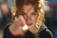 Young woman with red hair and freckles pointing at camera with confident expression, backlit by golden sunlight creating atmospheric portrait.