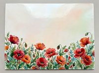 Watercolor poppy field border with red and orange blooms on soft pastel background, copy space for greeting cards and invitations.