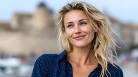 Confident blonde woman with wavy hair smiling outdoors in blue polka dot shirt against blurred urban background.