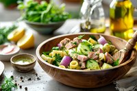 Fresh potato salad with tuna chunks, red onion, and herbs in wooden bowl, served with olive oil and lemon. Mediterranean cuisine on rustic table setting.
