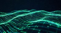 Abstract digital wave pattern with glowing green grid lines and particles on dark background for technology and data visualization projects.