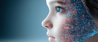 Profile view of young person with digital circuit pattern overlay on face, representing artificial intelligence and human-technology integration.