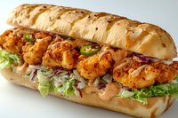 Crispy fried shrimp po boy sandwich with lettuce and sauce on artisan bread roll against white background for restaurant menu and food advertising.
