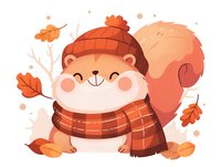 Cute cartoon squirrel wearing knitted hat and plaid scarf surrounded by falling autumn leaves on light background, seasonal character design for children decor.