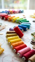 Colorful thread spools arranged on sewing table with fabric patterns and buttons for tailoring, crafting and textile design projects.