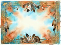 Watercolor boho frame with feathers, dreamcatcher elements, and ornamental borders in warm earth tones and turquoise, isolated on white background for design projects.