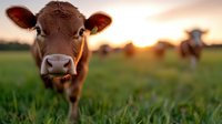 Young brown and white dairy cow calf standing in green pasture field during golden hour sunset with farm landscape background for agriculture content.