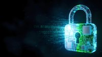 Digital padlock with circuit board pattern glowing in cyan and green light against dark background with binary code for cybersecurity and data protection concepts.