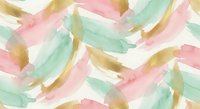 Watercolor brushstrokes in soft pink, mint green and gold creating abstract pattern on white background for modern design projects.