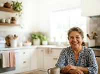 Mature woman with gray hair and warm smile wearing patterned blouse, leaning on wooden table in bright modern kitchen with white cabinetry, potted plants, and natural light from window.