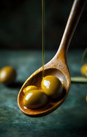 Fresh green olives on wooden spoon with flowing extra virgin olive oil stream, dramatic lighting on dark background, macro food photography.