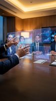 Business professional interacting with holographic financial data displays showing charts and analytics in modern conference room setting.