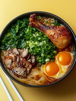 Steaming bowl of ramen noodles with roasted chicken leg, pork belly, sunny side up eggs, green onions and spinach in savory broth on yellow background.