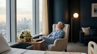 Senior Caucasian businessman relaxing in luxury office chair by floor-to-ceiling windows overlooking city skyline at sunset, modern executive workspace.