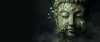 Ancient moss-covered Buddha statue head with serene expression emerging from dark misty background for meditation and spiritual wellness concepts.
