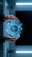Businessman holding glowing holographic clock with gears and arrows, representing time management, productivity, and digital workflow optimization in modern business.