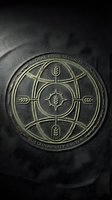 Embossed medallion seal featuring wheat and agricultural symbols with global food security and sustainability system text on dark textured background for environmental and agricultural concepts.