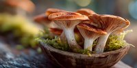 Cluster of fresh honey fungus mushrooms growing in wooden bowl on moss, showcasing gills and glossy caps in natural light.