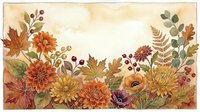Watercolor autumn floral border with chrysanthemums, maple leaves, ferns, and berries in warm orange and gold tones on cream background.