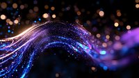 Glowing wave of luminous particles flowing on dark background with bokeh lights creates magical cosmic atmosphere. Suitable for technology and innovation concepts.