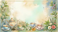 Vintage tea party scene with porcelain teapot, cups, saucers, and fresh flowers arranged on aged paper with watercolor botanical elements and soft pastel colors.