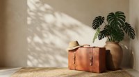 Vintage leather suitcase with straw hat beside monstera plant in neutral boho interior, warm sunlight shadows on wall, travel and lifestyle concept.
