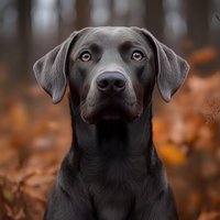 Close up portrait of attentive Weimaraner dog with amber eyes sitting among autumn fallen leaves in forest, soft bokeh background creates moody atmosphere.