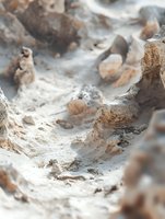 Weathered driftwood and smooth stones create natural coastal textures on sandy beach. Organic materials showcase erosion patterns and seaside elements.
