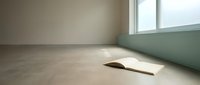 Empty minimalist room with concrete floor, white walls, and natural light from window casting shadows, suitable for interior design and architectural visualization projects.