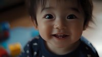 Cheerful Asian toddler boy with bright smile and sparkling eyes looking at camera, close-up portrait showing pure joy and happiness in natural lighting.