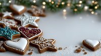 Festive homemade gingerbread cookies with colorful icing in star and heart shapes on white surface with Christmas lights and greenery in background.