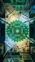 Overhead view of electronics workbench with green circuit board gear, soldering tools, components, and technical equipment arranged on white surface for industrial repair and assembly work.
