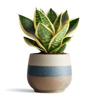 Snake plant with golden yellow edges in modern ceramic planter isolated on white background for home decor and interior design projects.