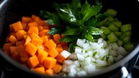 Fresh diced vegetables in a cooking pan with carrots, onions, celery, and parsley, ready for making soup, stew, or sauce base.