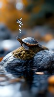 Small turtle perched on wet rock with water droplets splashing above, surrounded by blurred natural background with warm and cool tones for wildlife and nature projects.