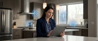 Woman in business casual attire working on tablet at kitchen counter with smart home interface icons displayed, representing remote work and connected home technology.