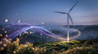 Wind turbine at dusk with glowing purple energy waves and bokeh lights, symbolizing clean renewable power and smart grid technology.