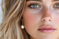 Close up portrait of young woman with green eyes, freckles, and natural makeup wearing pearl earrings. Soft lighting highlights facial features and natural beauty.