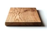 Natural oak wooden board with pronounced grain texture photographed at angle on white background, isolated cutting or serving surface for design mockups.
