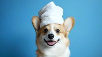 Smiling Pembroke Welsh Corgi wearing white towel on head against blue background, grooming and pet care concept for veterinary and spa services.