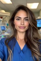Young Hispanic female medical professional in blue scrubs smiling at camera in hospital setting with long wavy brown hair and natural makeup. Medical equipment visible in background.