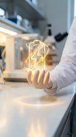 Hand holding glowing neon battery icon with lightning bolt in modern laboratory setting, representing renewable energy, power technology, and sustainable innovation for business concepts.