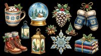 Festive holiday collection featuring isolated winter elements including decorated mug, snow globe, pinecone garland, mittens, boots, lanterns, snowflake, stacked books, and evergreen accents on transparent background. Ready for t-shirts, clipart, stickers, and print-on-demand designs.