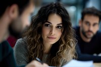 Young Hispanic woman with ombre wavy hair smiling confidently during business meeting, wearing casual grey sweater, with coworkers in modern office setting.