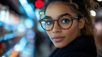 Young African American woman wearing stylish eyeglasses with natural curly hair and black turtleneck sweater against blurred city lights background, expressing confidence.