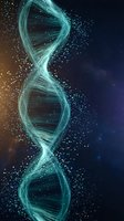 Glowing DNA double helix structure with luminous particles dispersing on cosmic background for genetic research and biotechnology applications.