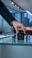 Business hand reaching for miniature people and justice scales on modern office desk representing legal consulting and corporate law services.