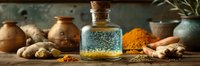 Natural healing concept with glass bottle of essential oil, fresh ginger root, turmeric powder and traditional spices on rustic wooden background, panoramic wellness composition.